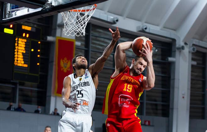 Kenneth Ogbe of Germany, Zoran Nikolic of Montenegro, FIBA EuroBasket 2022 Qualifiers, 22 February, 22 02 2021 Montenegro vs Germany, Basketball, FIBA EuroBasket 2022 Qualifiers, 20 February, 22 02 2021 Podgorica Copyright: xEIBNER NikolaxKrsticx EP_EER