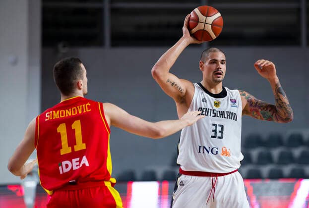 Maik Zirbes of Germany, Marko Simonovic of Montenegro Marko Todorovic FIBA EuroBasket 2022 Qualifiers, 22 February, 22 02 2021 Montenegro vs Germany, Basketball, FIBA EuroBasket 2022 Qualifiers, 20 February, 22 02 2021 Podgorica Copyright: xEIBNER NikolaxKrsticx EP_EER