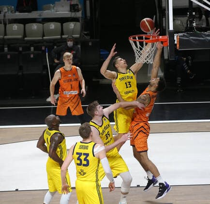 Johan Willem Van Zegeren of Netherlands and Christopher Czerapowicz (13) of Sweden during the FIBA Eurobasket Qualifiers Group D match between Netherlands and Sweden at Besiktas Akatlar Arena in Istanbul , Turkey on February 22 , 2021. 