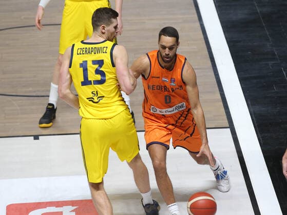Yannick Franke of Netherlands and Christopher Czerapowicz (13) of Sweden during the FIBA Eurobasket Qualifiers Group D match between Netherlands and Sweden at Besiktas Akatlar Arena in Istanbul , Turkey on February 22 , 2021. 
