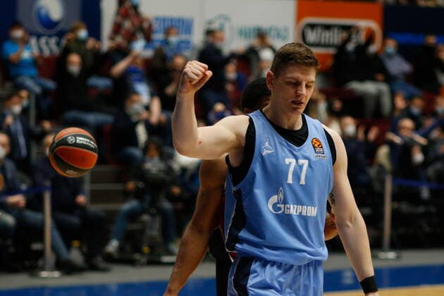 Russian Federation. Saint-Petersburg. Sibur Arena. Basketball. Euroleague 2020 2021, BC Zenit Saint Petersburg - BC Milan. Player of the Zenit basketball club Arturas Gudaitis (77). MaksimxKonstantinov