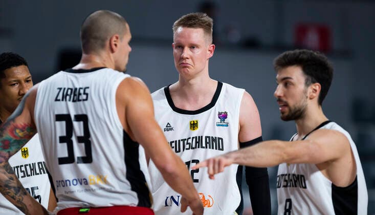 Robin Benzing of Germany, Maik Zirbes of Germany, Ismet Akpinar of Germany FIBA EuroBasket 2022 Qualifiers, 22 February, 22 02 2021 Montenegro vs Germany, Basketball, FIBA EuroBasket 2022 Qualifiers, 20 February, 22 02 2021 Podgorica Copyright: xEIBNER NikolaxKrsticx EP_EER