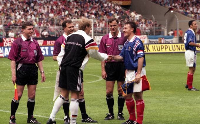 01 06 96 Germany France Germany, Stuttgart, 01 06 1996, FIFA, International match, DFB Germany France 0 1 v l Jürgen Klinsmann Germany , Didier Deschamps France