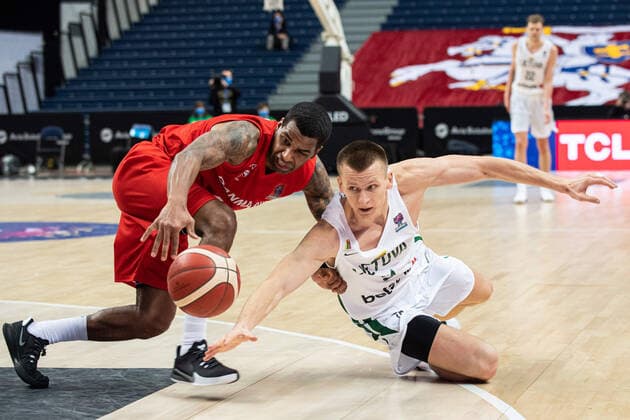(210223) -- VILNIUS, Feb. 23, 2021 -- Adama Darboe (L) of Denmark competes with Arnas Butkevicius of Lithuania during a FIBA EuroBasket 2022 qualifying basketball match between Lithuania and Denmark in Vilnius, Lithuania, on Feb. 22, 2021. (Photo by Xinhua) (SP)LITHUANIA-VILNIUS-BASKETBALL-FIBA EUROBASKET 2022 QUALIFIERS-LITHUANIA VS DENMARK AlfredasxPliadis 