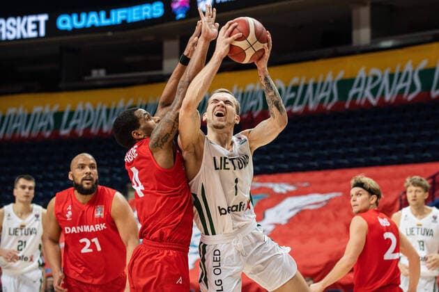 (210223) -- VILNIUS, Feb. 23, 2021 -- Arnas Velicka (3rd R) of Lithuania competes during a FIBA EuroBasket 2022 qualifying basketball match between Lithuania and Denmark in Vilnius, Lithuania, on Feb. 22, 2021. (Photo by Xinhua) (SP)LITHUANIA-VILNIUS-BASKETBALL-FIBA EUROBASKET 2022 QUALIFIERS-LITHUANIA VS DENMARK AlfredasxPliadis 