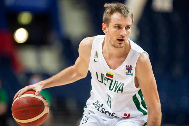 (210223) -- VILNIUS, Feb. 23, 2021 -- Vaidas Kariniauskas of Lithuania competes during a FIBA EuroBasket 2022 qualifying basketball match between Lithuania and Denmark in Vilnius, Lithuania, on Feb. 22, 2021. (Photo by Xinhua) (SP)LITHUANIA-VILNIUS-BASKETBALL-FIBA EUROBASKET 2022 QUALIFIERS-LITHUANIA VS DENMARK AlfredasxPliadis 