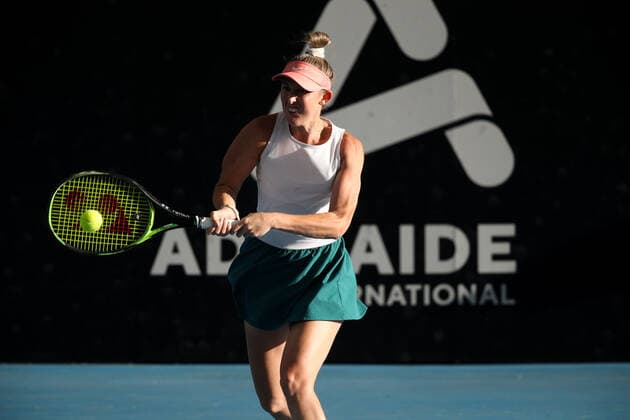 ADELAIDE, AUSTRALIA - FEBRUARY 23: Storm Sanders of Australia plays a forehand against Ajla Tomljanovic of Australia during their singles match on day two of the Adelaide International tennis tournament at Memorial Drive on February 23, 2021 in Adelaide, Australia. (Photo by Peter Mundy Speed Media Icon Sportswire) TENNIS: FEB 23 - Adelaide International Icon210223013