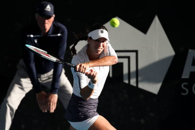 ADELAIDE, AUSTRALIA - FEBRUARY 23: Ajla Tomljanovic of Australia hits a backhand against Storm Sanders of Australia during their singles match on day two of the Adelaide International tennis tournament at Memorial Drive on February 23, 2021 in Adelaide, Australia. (Photo by Peter Mundy Speed Media Icon Sportswire) TENNIS: FEB 23 - Adelaide International Icon210223018