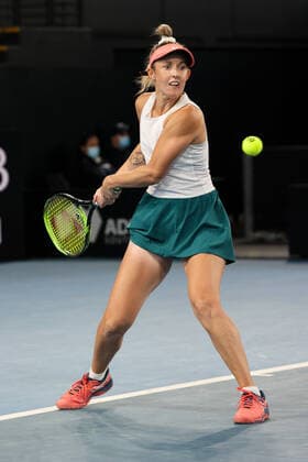 ADELAIDE, AUSTRALIA - FEBRUARY 23: Storm Sanders of Australia hits a backhand against Ajla Tomljanovic of Australia during their singles match on day two of the Adelaide International tennis tournament at Memorial Drive on February 23, 2021 in Adelaide, Australia. (Photo by Peter Mundy Speed Media Icon Sportswire) TENNIS: FEB 23 - Adelaide International Icon210223031