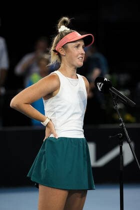 ADELAIDE, AUSTRALIA - FEBRUARY 23: Storm Sanders of Australia in post match interview after winning her match against Ajla Tomljanovic of Australia during their singles match on day two of the Adelaide International tennis tournament at Memorial Drive on February 23, 2021 in Adelaide, Australia. (Photo by Peter Mundy Speed Media Icon Sportswire) TENNIS: FEB 23 - Adelaide International Icon210223034