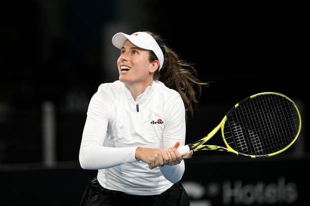 ADELAIDE, AUSTRALIA - FEBRUARY 23: Johanna Konta of Great Britain hits a backhand against Shelby Rogers of United States during their singles match on day two of the Adelaide International tennis tournament at Memorial Drive on February 23, 2021 in Adelaide, Australia. (Photo by Peter Mundy Speed Media Icon Sportswire) TENNIS: FEB 23 - Adelaide International Icon210223049
