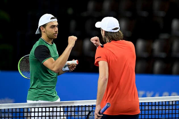 Benjamin Bonzi (Fra) Lucas Pouille (Fra) TENNIS : Open Sud de France 2021 - Montpellier - 23 02 2021 JBAutissier Panoramic 