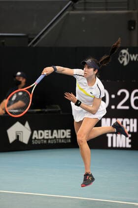 ADELAIDE, AUSTRALIA - FEBRUARY 24: Christina McHale of United States plays a shot against Anastasija Sevastova of Lativa during their singles match on day three of the Adelaide International tennis tournament at Memorial Drive on February 24, 2021 in Adelaide, Australia. (Photo by Peter Mundy Speed Media Icon Sportswire) TENNIS: FEB 24 - Adelaide International Icon210224011