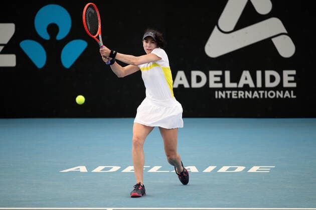 ADELAIDE, AUSTRALIA - FEBRUARY 24: Christina McHale of United States plays a shot against Anastasija Sevastova of Lativa during their singles match on day three of the Adelaide International tennis tournament at Memorial Drive on February 24, 2021 in Adelaide, Australia. (Photo by Peter Mundy Speed Media Icon Sportswire) TENNIS: FEB 24 - Adelaide International Icon210224024