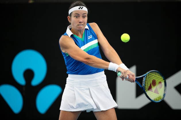 ADELAIDE, AUSTRALIA - FEBRUARY 24: Anastasija Sevastova of Lativa plays a shot against Christina McHale of United States during their singles match on day three of the Adelaide International tennis tournament at Memorial Drive on February 24, 2021 in Adelaide, Australia. (Photo by Peter Mundy Speed Media Icon Sportswire) TENNIS: FEB 24 - Adelaide International Icon210224041