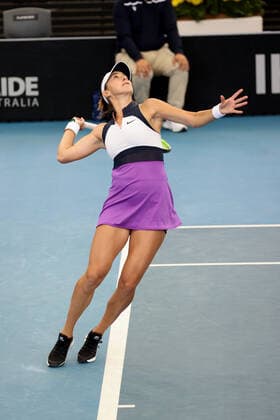 ADELAIDE, AUSTRALIA - FEBRUARY 24: Belinda Bencic of Switzerland plays a shot against Misaki Doi of Japan during their singles match on day three of the Adelaide International tennis tournament at Memorial Drive on February 24, 2021 in Adelaide, Australia. (Photo by Peter Mundy Speed Media Icon Sportswire) TENNIS: FEB 24 - Adelaide International Icon210224060