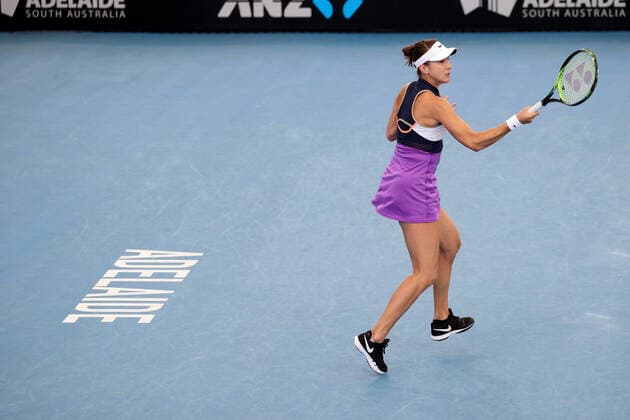 ADELAIDE, AUSTRALIA - FEBRUARY 24: Belinda Bencic of Switzerland plays a shot against Misaki Doi of Japan during their singles match on day three of the Adelaide International tennis tournament at Memorial Drive on February 24, 2021 in Adelaide, Australia. (Photo by Peter Mundy Speed Media Icon Sportswire) TENNIS: FEB 24 - Adelaide International Icon210224063