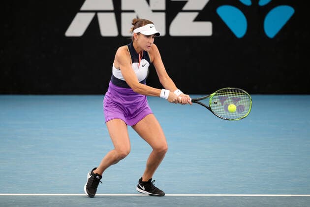 ADELAIDE, AUSTRALIA - FEBRUARY 24: Belinda Bencic of Switzerland plays a shot against Misaki Doi of Japan during their singles match on day three of the Adelaide International tennis tournament at Memorial Drive on February 24, 2021 in Adelaide, Australia. (Photo by Peter Mundy Speed Media Icon Sportswire) TENNIS: FEB 24 - Adelaide International Icon210224077