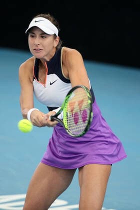 ADELAIDE, AUSTRALIA - FEBRUARY 24: Belinda Bencic of Switzerland plays a shot against Misaki Doi of Japan during their singles match on day three of the Adelaide International tennis tournament at Memorial Drive on February 24, 2021 in Adelaide, Australia. (Photo by Peter Mundy Speed Media Icon Sportswire) TENNIS: FEB 24 - Adelaide International Icon210224084