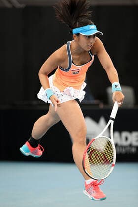 ADELAIDE, AUSTRALIA - FEBRUARY 24: Misaki Doi of Japan serves the ball against Belinda Bencic of Switzerland during their singles match on day three of the Adelaide International tennis tournament at Memorial Drive on February 24, 2021 in Adelaide, Australia. (Photo by Peter Mundy Speed Media Icon Sportswire) TENNIS: FEB 24 - Adelaide International Icon210224090