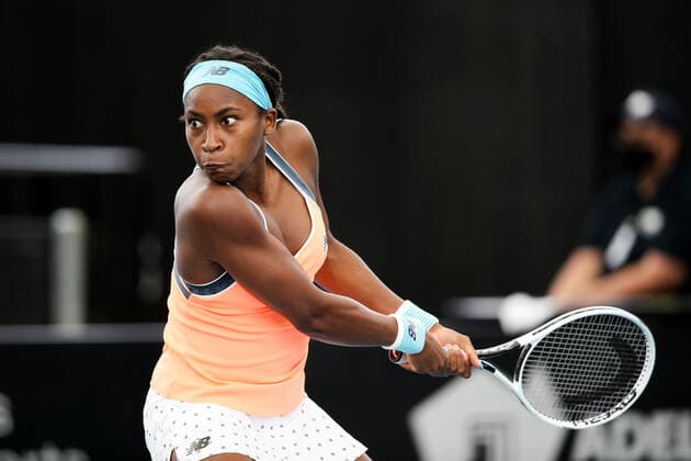 ADELAIDE, AUSTRALIA - FEBRUARY 24: Coco Gauff of United States plays a shot against Petra Martic of Croatia during their singles match on day three of the Adelaide International tennis tournament at Memorial Drive on February 24, 2021 in Adelaide, Australia. (Photo by Peter Mundy Speed Media Icon Sportswire) TENNIS: FEB 24 - Adelaide International Icon210224122