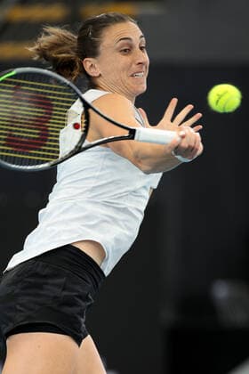 ADELAIDE, AUSTRALIA - FEBRUARY 24: Petra Martic of Croatia plays a shot against Coco Gauff of United States during their singles match on day three of the Adelaide International tennis tournament at Memorial Drive on February 24, 2021 in Adelaide, Australia. (Photo by Peter Mundy Speed Media Icon Sportswire) TENNIS: FEB 24 - Adelaide International Icon210224125