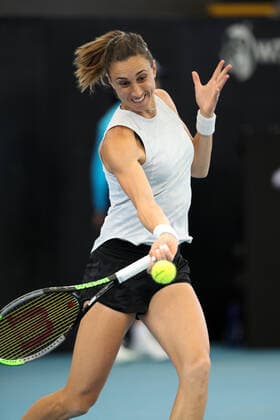 ADELAIDE, AUSTRALIA - FEBRUARY 24: Petra Martic of Croatia plays a shot against Coco Gauff of United States during their singles match on day three of the Adelaide International tennis tournament at Memorial Drive on February 24, 2021 in Adelaide, Australia. (Photo by Peter Mundy Speed Media Icon Sportswire) TENNIS: FEB 24 - Adelaide International Icon210224126