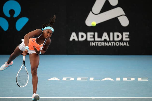 ADELAIDE, AUSTRALIA - FEBRUARY 24: Coco Gauff of United States plays a shot against Petra Martic of Croatia during their singles match on day three of the Adelaide International tennis tournament at Memorial Drive on February 24, 2021 in Adelaide, Australia. (Photo by Peter Mundy Speed Media Icon Sportswire) TENNIS: FEB 24 - Adelaide International Icon210224152