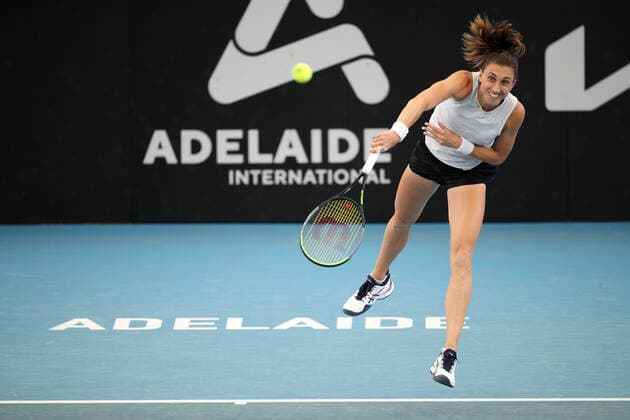 ADELAIDE, AUSTRALIA - FEBRUARY 24: Petra Martic of Croatia plays a shot against Coco Gauff of United States during their singles match on day three of the Adelaide International tennis tournament at Memorial Drive on February 24, 2021 in Adelaide, Australia. (Photo by Peter Mundy Speed Media Icon Sportswire) TENNIS: FEB 24 - Adelaide International Icon210224155