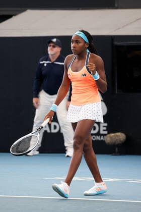 ADELAIDE, AUSTRALIA - FEBRUARY 24: Coco Gauff of United States celebrates a win against Petra Martic of Croatia during their singles match on day three of the Adelaide International tennis tournament at Memorial Drive on February 24, 2021 in Adelaide, Australia. (Photo by Peter Mundy Speed Media Icon Sportswire) TENNIS: FEB 24 - Adelaide International Icon210224180