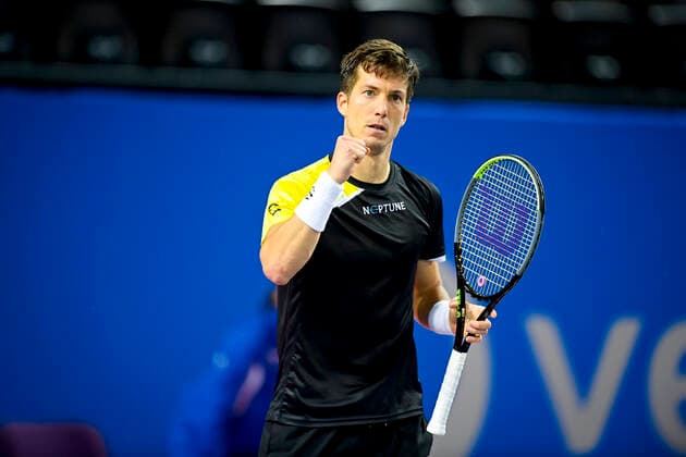 joie d Aljaz Bedene (Slo) TENNIS : Open Sud de France 2021 - Montpellier - 24 02 2021 JBAutissier Panoramic 