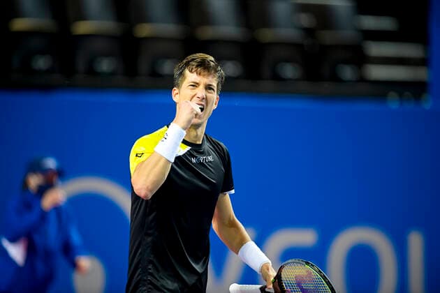 joie d Aljaz Bedene (Slo) TENNIS : Open Sud de France 2021 - Montpellier - 24 02 2021 JBAutissier Panoramic 
