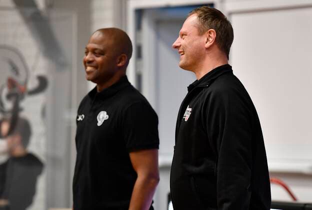 24 02 2021 Basketball Saison 2020 2021 2 Bundesliga Pro A 10 Spieltag Nürnberg Falcons Basketball Club NBC Uni Baskets Paderborn Derrick Taylor Co Trainer Assistant Coach Nürnberg Falcons BC NBC Ralph Junge Trainer General Manager Headcoach Nürnberg Falcons BC NBC before the game starts