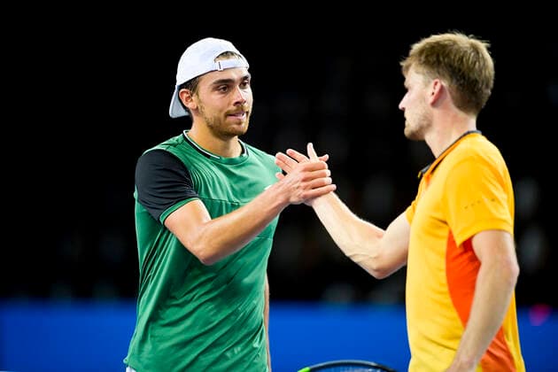 Benjamin Bonzi (Fra) et David Goffin (Bel) TENNIS : Open Sud de France 2021 - Montpellier - 24 02 2021 JBAutissier Panoramic 
