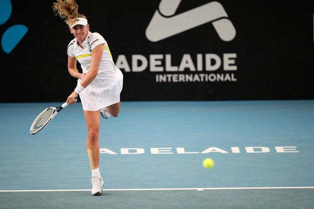 ADELAIDE, AUSTRALIA - FEBRUARY 25: Jil Teichmann of Switzerland plays a shot against Anastasija Sevastova of Lativa during their singles match on day four of the Adelaide International tennis tournament at Memorial Drive on February 25, 2021 in Adelaide, Australia. (Photo by Peter Mundy Speed Media Icon Sportswire) TENNIS: FEB 25 - Adelaide International Icon210225009