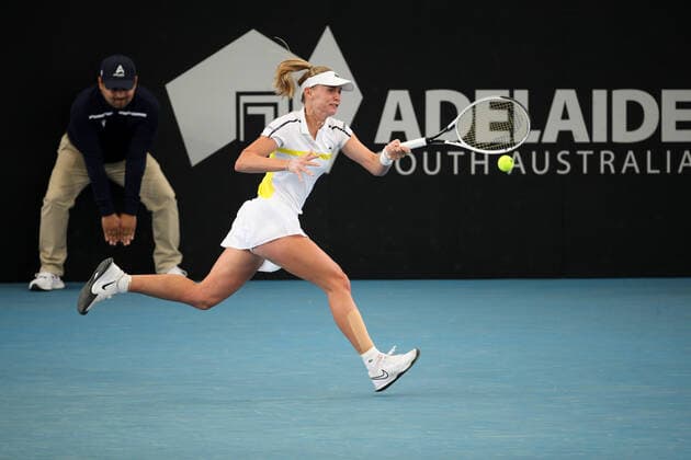 ADELAIDE, AUSTRALIA - FEBRUARY 25: Jil Teichmann of Switzerland plays a shot against Anastasija Sevastova of Lativa during their singles match on day four of the Adelaide International tennis tournament at Memorial Drive on February 25, 2021 in Adelaide, Australia. (Photo by Peter Mundy Speed Media Icon Sportswire) TENNIS: FEB 25 - Adelaide International Icon210225012