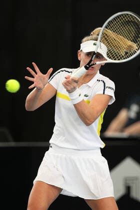 ADELAIDE, AUSTRALIA - FEBRUARY 25: Jil Teichmann of Switzerland plays a shot against Anastasija Sevastova of Lativa during their singles match on day four of the Adelaide International tennis tournament at Memorial Drive on February 25, 2021 in Adelaide, Australia. (Photo by Peter Mundy Speed Media Icon Sportswire) TENNIS: FEB 25 - Adelaide International Icon210225022