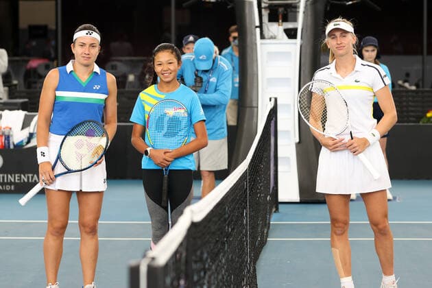 ADELAIDE, AUSTRALIA - FEBRUARY 25: Anastasija Sevastova of Lativa and Jil Teichmann of Switzerland before their singles match on day four of the Adelaide International tennis tournament at Memorial Drive on February 25, 2021 in Adelaide, Australia. (Photo by Peter Mundy Speed Media Icon Sportswire) TENNIS: FEB 25 - Adelaide International Icon210225024