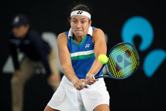 ADELAIDE, AUSTRALIA - FEBRUARY 25: Anastasija Sevastova of Lativa plays a shot against Jil Teichmann of Switzerland during their singles match on day four of the Adelaide International tennis tournament at Memorial Drive on February 25, 2021 in Adelaide, Australia. (Photo by Peter Mundy Speed Media Icon Sportswire) TENNIS: FEB 25 - Adelaide International Icon210225041
