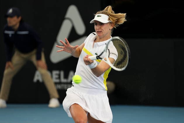 ADELAIDE, AUSTRALIA - FEBRUARY 25: Jil Teichmann of Switzerland plays a shot against Anastasija Sevastova of Lativa during their singles match on day four of the Adelaide International tennis tournament at Memorial Drive on February 25, 2021 in Adelaide, Australia. (Photo by Peter Mundy Speed Media Icon Sportswire) TENNIS: FEB 25 - Adelaide International Icon210225070