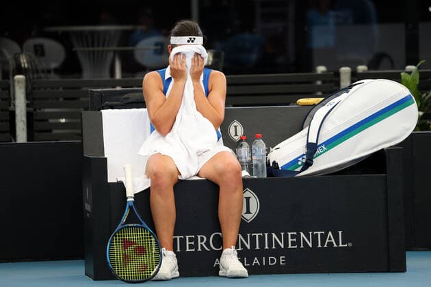 ADELAIDE, AUSTRALIA - FEBRUARY 25: Anastasija Sevastova of Lativa after a tough point against Jil Teichmann of Switzerland during their singles match on day four of the Adelaide International tennis tournament at Memorial Drive on February 25, 2021 in Adelaide, Australia. (Photo by Peter Mundy Speed Media Icon Sportswire) TENNIS: FEB 25 - Adelaide International Icon210225098