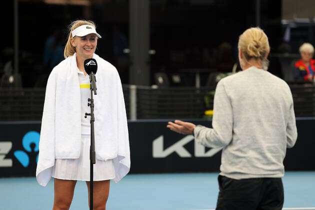 ADELAIDE, AUSTRALIA - FEBRUARY 25: Jil Teichmann of Switzerland celebrates winning the game against Anastasija Sevastova of Lativa during their singles match on day four of the Adelaide International tennis tournament at Memorial Drive on February 25, 2021 in Adelaide, Australia. (Photo by Peter Mundy Speed Media Icon Sportswire) TENNIS: FEB 25 - Adelaide International Icon210225105