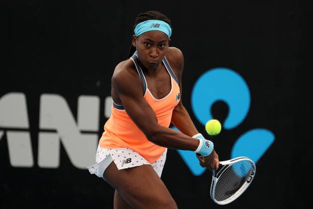 ADELAIDE, AUSTRALIA - FEBRUARY 25: Coco Gauff of United States plays a shot against Shelby Rogers of United States during their singles match on day four of the Adelaide International tennis tournament at Memorial Drive on February 25, 2021 in Adelaide, Australia. (Photo by Peter Mundy Speed Media Icon Sportswire) TENNIS: FEB 25 - Adelaide International Icon210225111