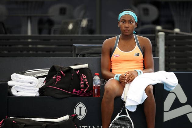 ADELAIDE, AUSTRALIA - FEBRUARY 25: Coco Gauff of United States rests between games against Shelby Rogers of United States during their singles match on day four of the Adelaide International tennis tournament at Memorial Drive on February 25, 2021 in Adelaide, Australia. (Photo by Peter Mundy Speed Media Icon Sportswire) TENNIS: FEB 25 - Adelaide International Icon210225132