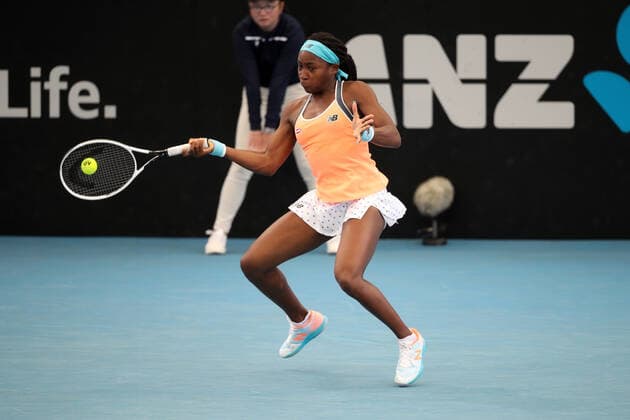 ADELAIDE, AUSTRALIA - FEBRUARY 25: Coco Gauff of United States plays a shot against Shelby Rogers of United States during their singles match on day four of the Adelaide International tennis tournament at Memorial Drive on February 25, 2021 in Adelaide, Australia. (Photo by Peter Mundy Speed Media Icon Sportswire) TENNIS: FEB 25 - Adelaide International Icon210225136