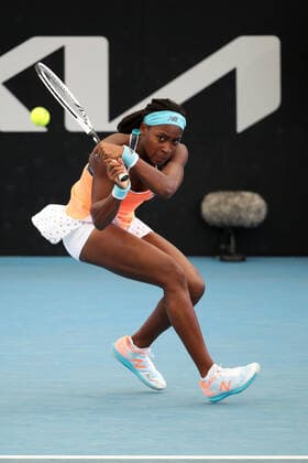 ADELAIDE, AUSTRALIA - FEBRUARY 25: Coco Gauff of United States plays a shot against Shelby Rogers of United States during their singles match on day four of the Adelaide International tennis tournament at Memorial Drive on February 25, 2021 in Adelaide, Australia. (Photo by Peter Mundy Speed Media Icon Sportswire) TENNIS: FEB 25 - Adelaide International Icon210225137