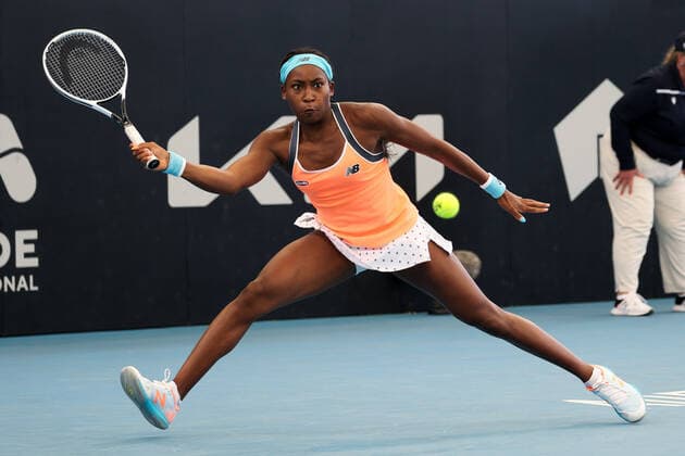 ADELAIDE, AUSTRALIA - FEBRUARY 25: Coco Gauff of United States plays a shot against Shelby Rogers of United States during their singles match on day four of the Adelaide International tennis tournament at Memorial Drive on February 25, 2021 in Adelaide, Australia. (Photo by Peter Mundy Speed Media Icon Sportswire) TENNIS: FEB 25 - Adelaide International Icon210225146