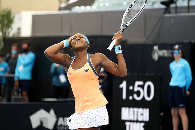 ADELAIDE, AUSTRALIA - FEBRUARY 25: Coco Gauff of United States celebrates winning the game against Shelby Rogers of United States during their singles match on day four of the Adelaide International tennis tournament at Memorial Drive on February 25, 2021 in Adelaide, Australia. (Photo by Peter Mundy Speed Media Icon Sportswire) TENNIS: FEB 25 - Adelaide International Icon210225169