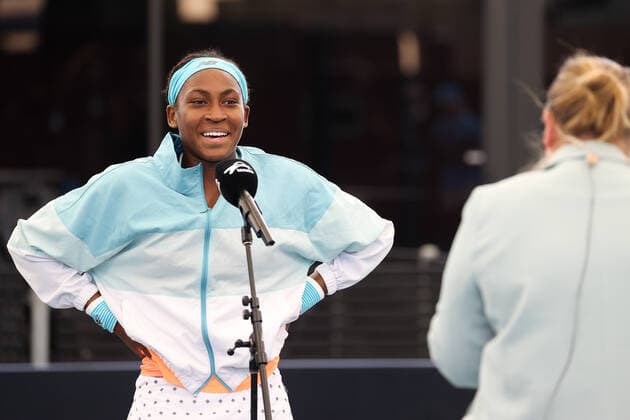 ADELAIDE, AUSTRALIA - FEBRUARY 25: Coco Gauff of United States interviewed after beating Shelby Rogers of United States during their singles match on day four of the Adelaide International tennis tournament at Memorial Drive on February 25, 2021 in Adelaide, Australia. (Photo by Peter Mundy Speed Media Icon Sportswire) TENNIS: FEB 25 - Adelaide International Icon210225172