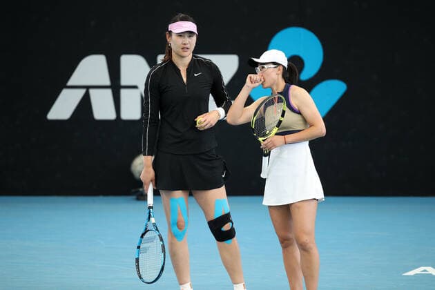 ADELAIDE, AUSTRALIA - FEBRUARY 25: Yingying Duan and Saisai Zheng of China plays a shot against Kaitlyn Christian and Sabrina Santamaria of United States during their doubles match on day four of the Adelaide International tennis tournament at Memorial Drive on February 25, 2021 in Adelaide, Australia. (Photo by Peter Mundy Speed Media Icon Sportswire) TENNIS: FEB 25 - Adelaide International Icon210225175